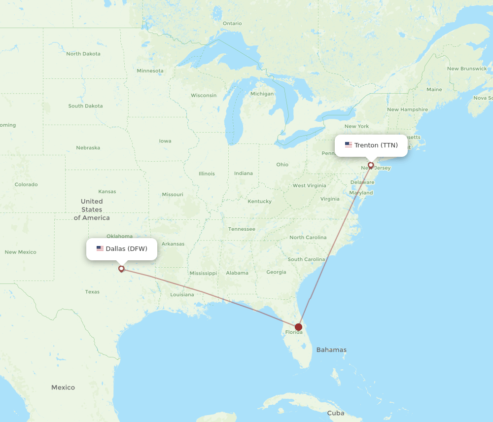 Trenton - Dallas route map and flight paths