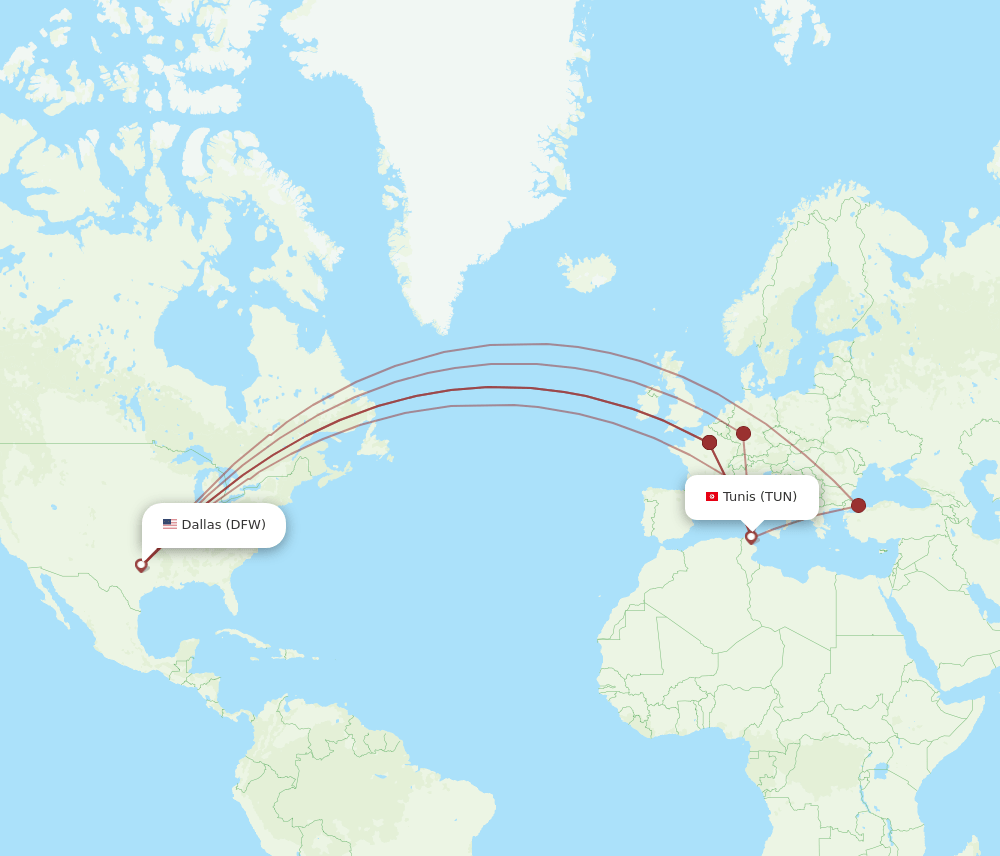 DFW-TUN flight routes