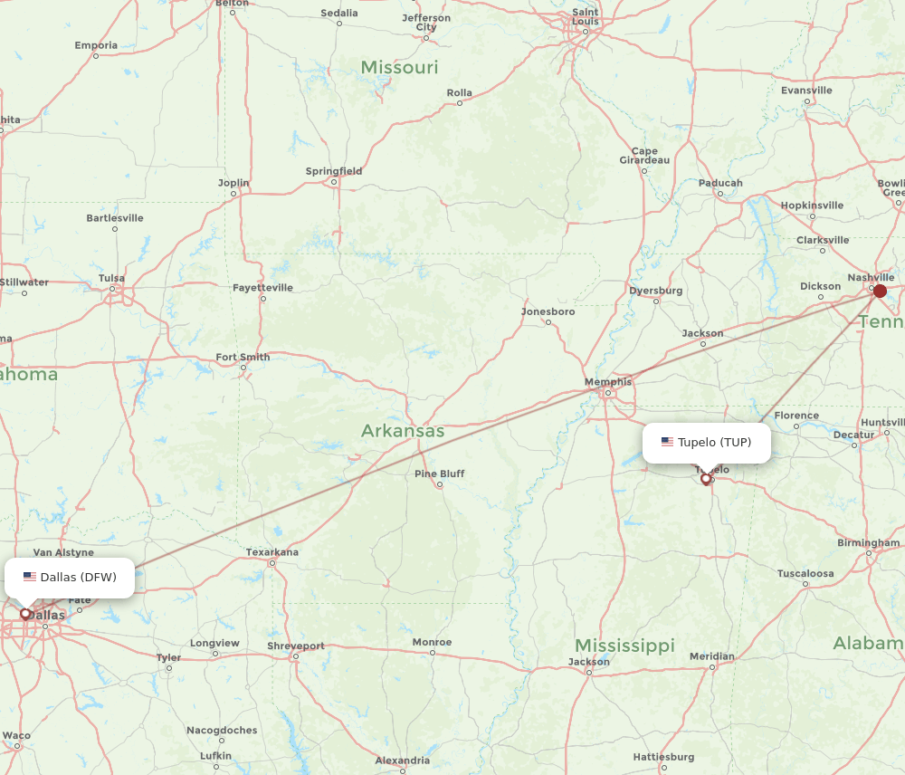 DFW to TUP flights and routes map