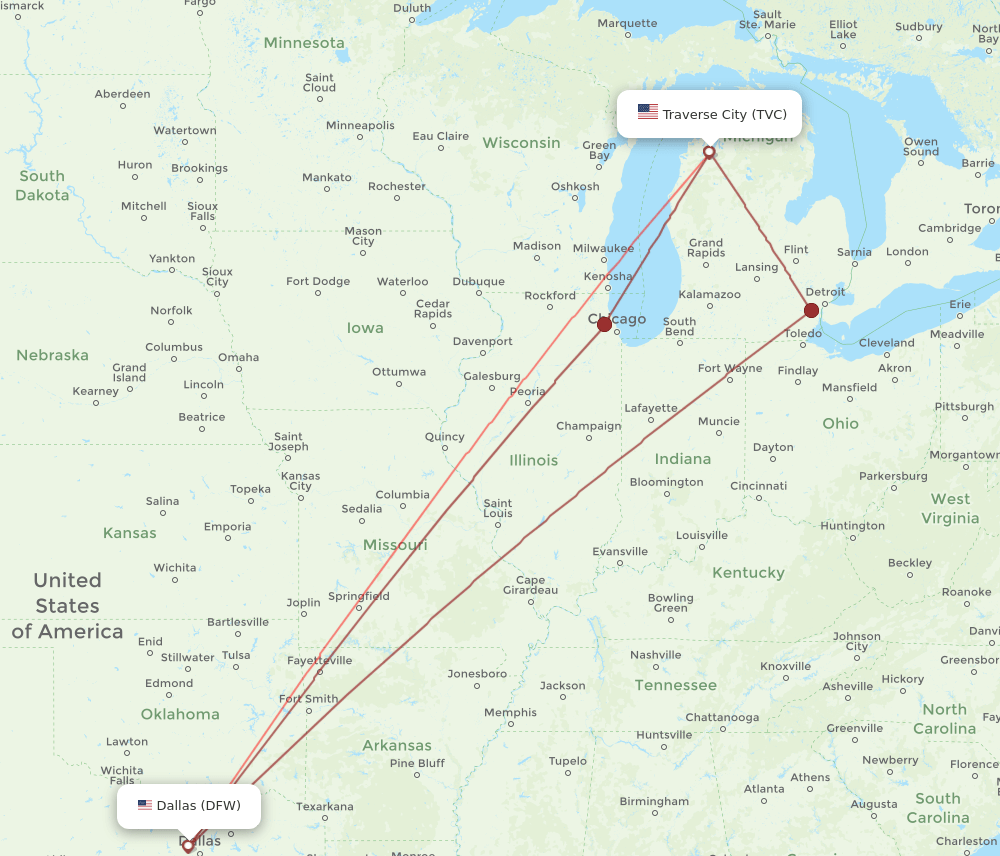 DFW to TVC flights and routes map