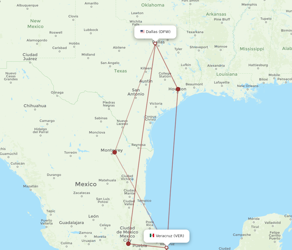 DFW to VER flights and routes map