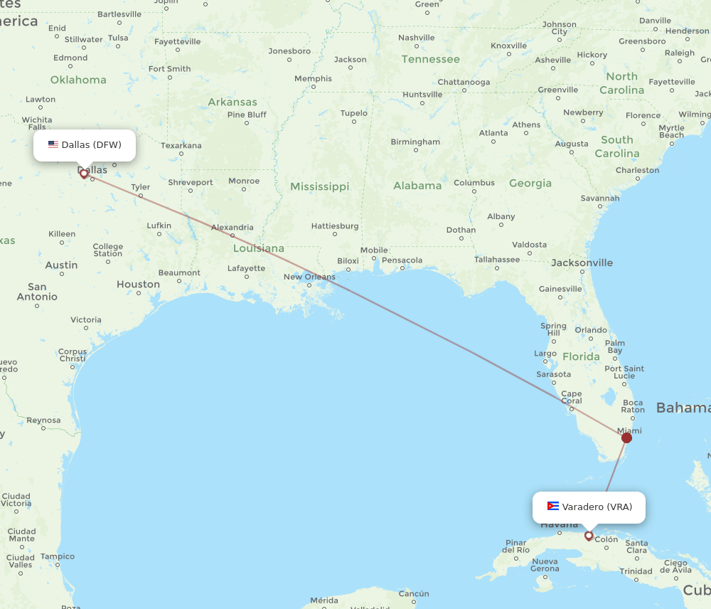 Dallas - Varadero route map and flight paths