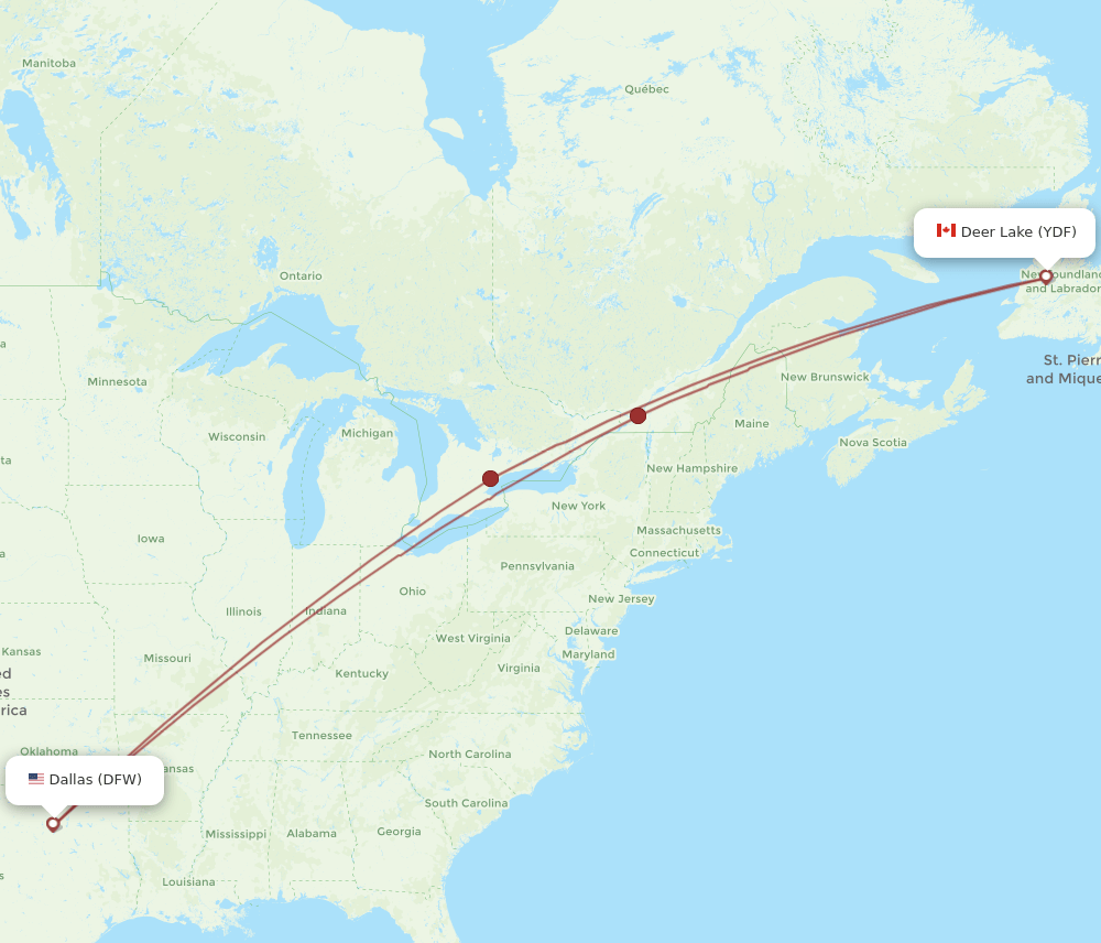 DFW to YDF flights and routes map