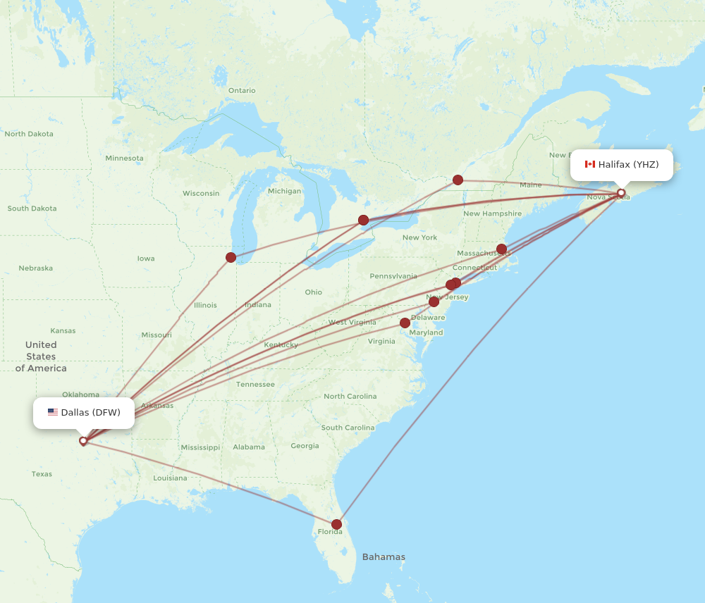 DFW to YHZ flights and routes map