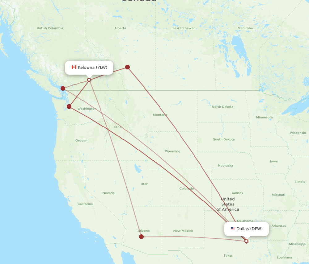 DFW to YLW flights and routes map