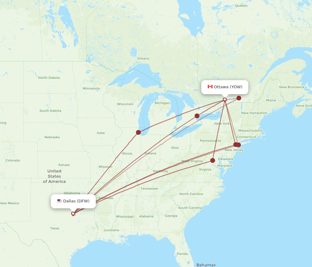 DFW to YOW flights and routes map
