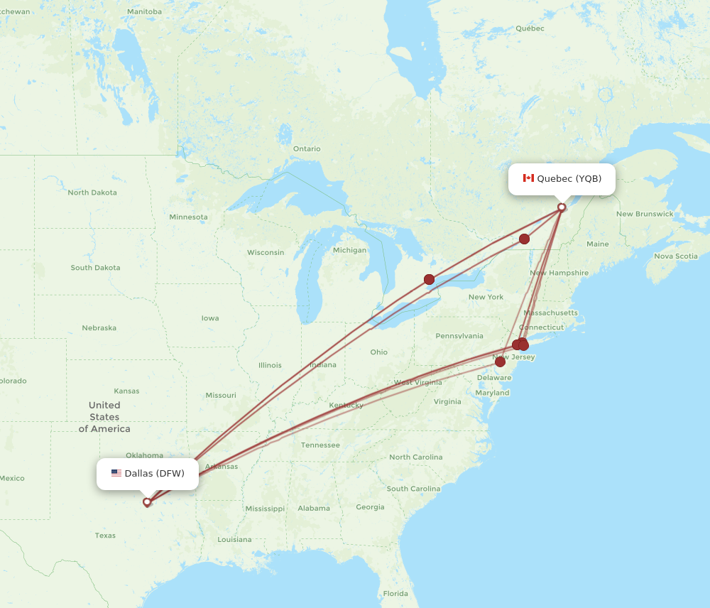 DFW to YQB flights and routes map