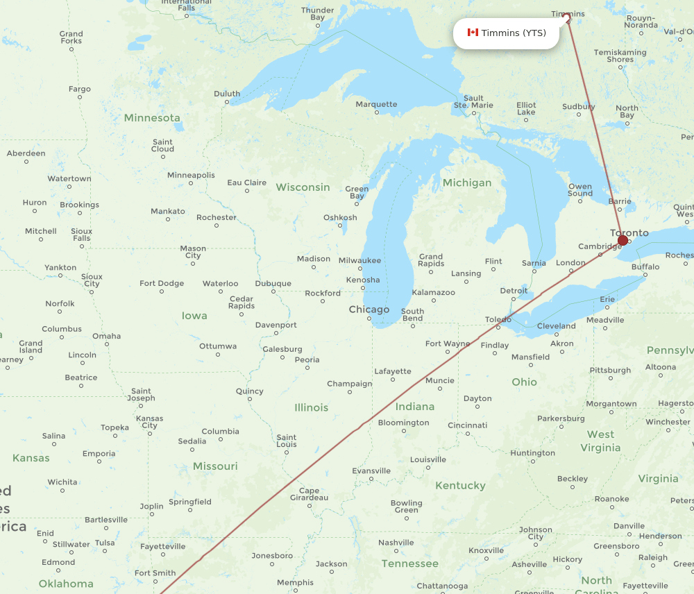 DFW to YTS flights and routes map