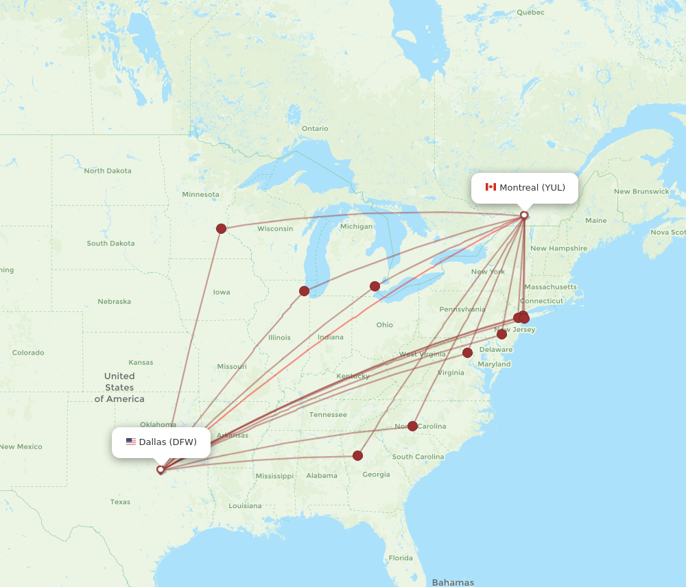 DFW to YUL flights and routes map