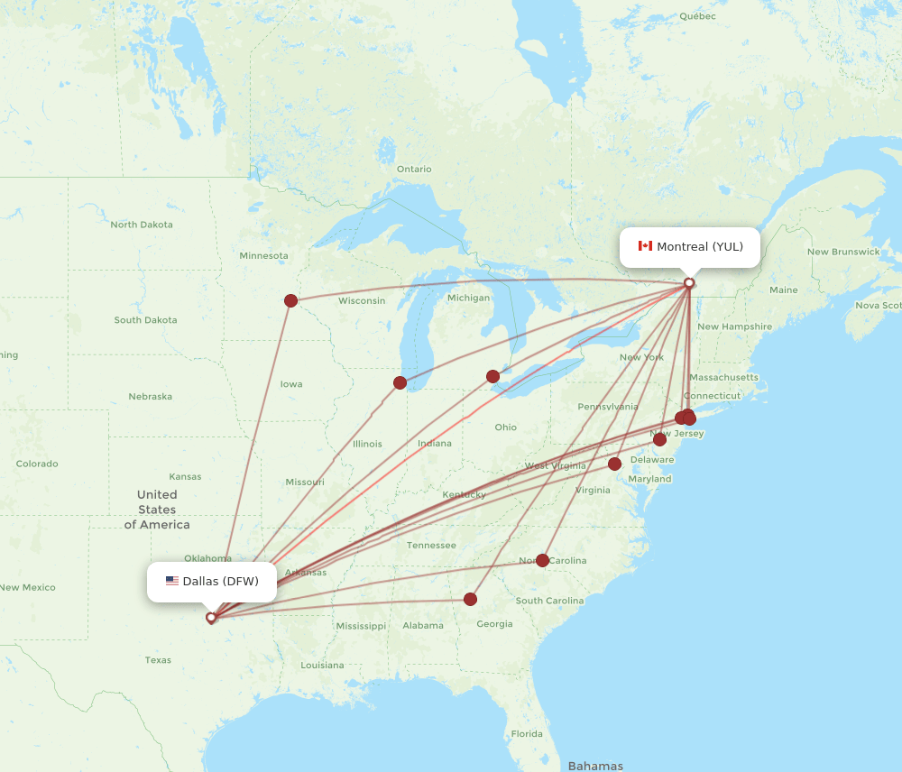 DFW-YUL flight routes