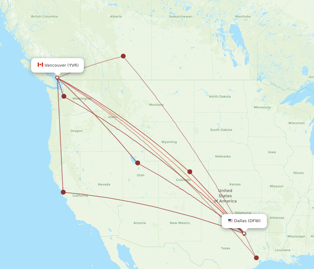 DFW to YVR flights and routes map