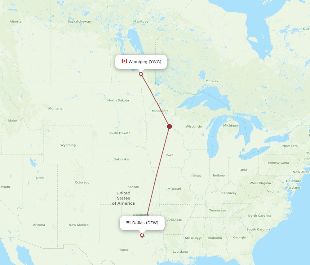 YWG to DFW flights and routes map