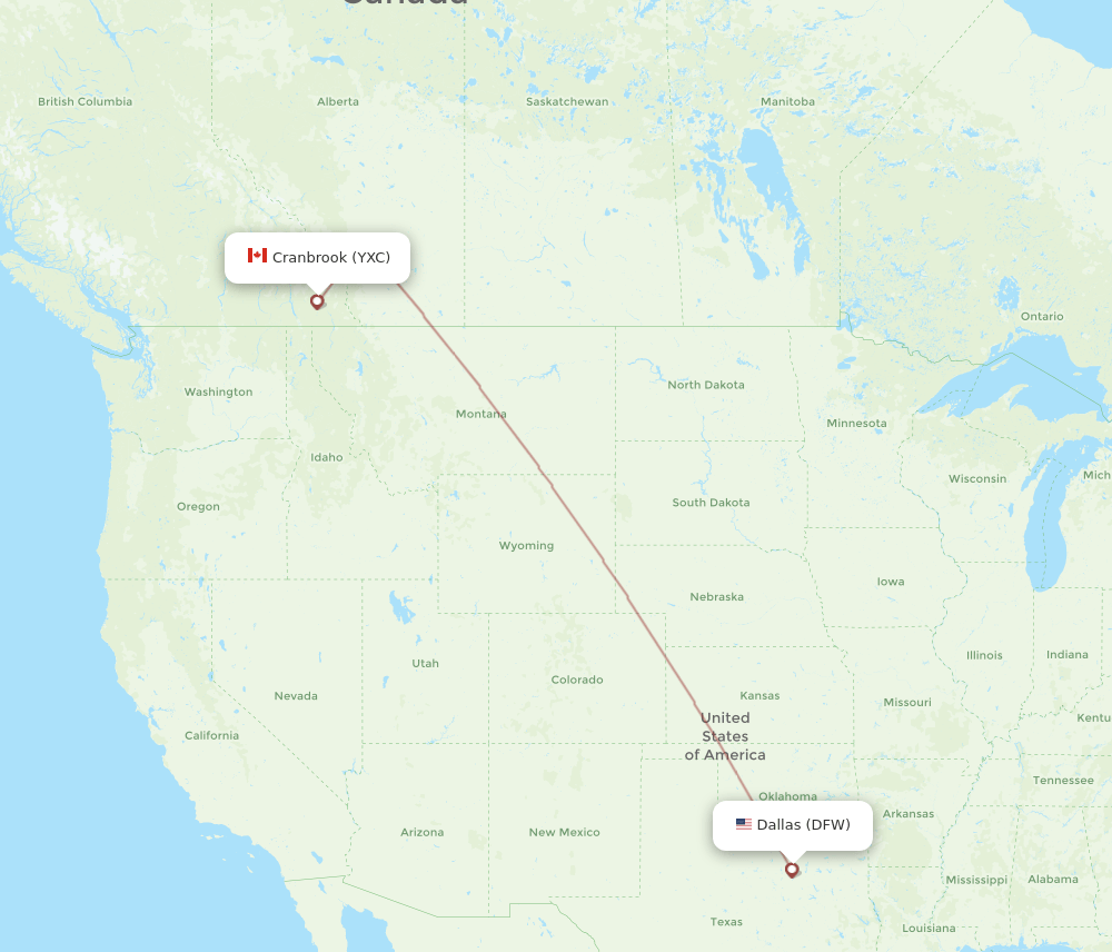 Cranbrook - Dallas route map and flight paths