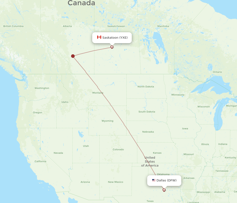 YXE to DFW flights and routes map