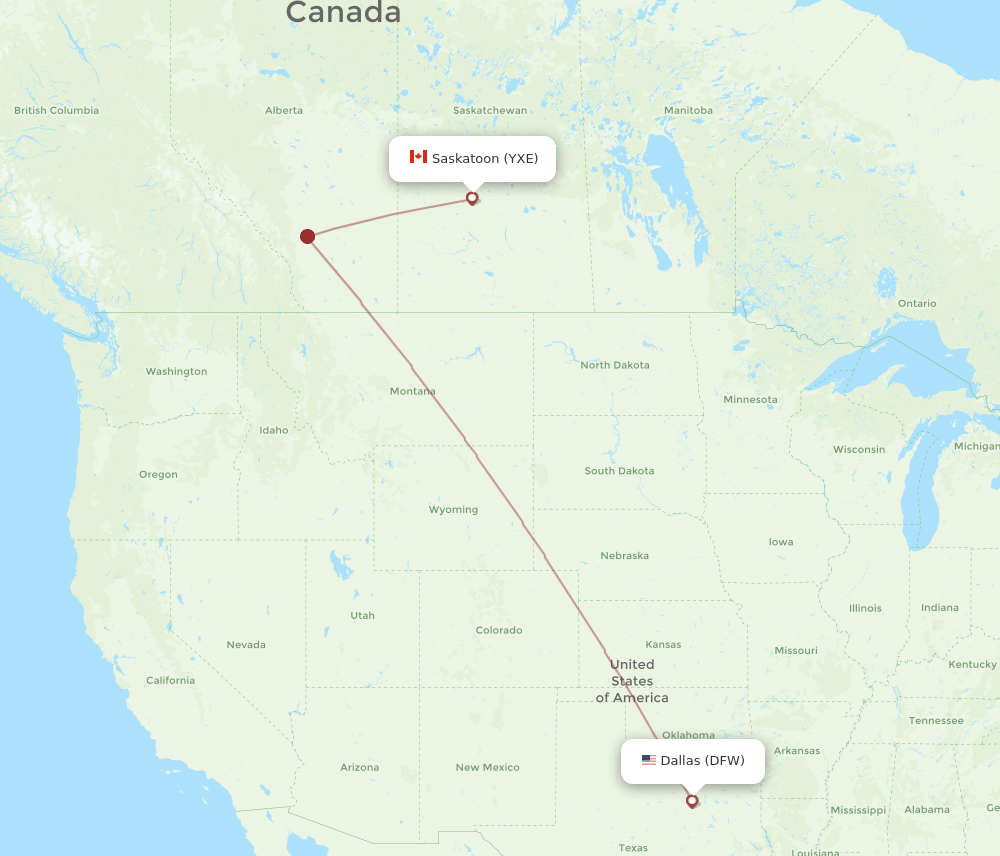 Saskatoon - Dallas route map and flight paths