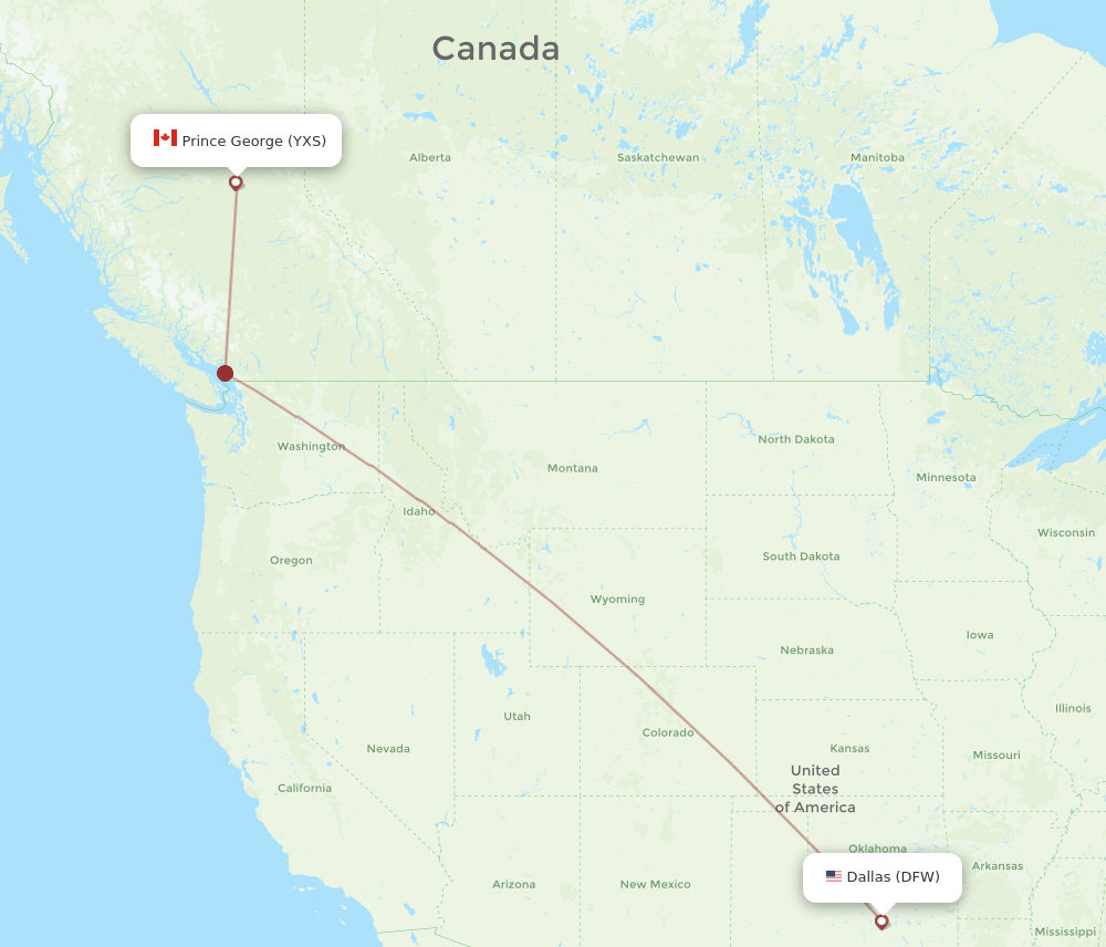 Prince George - Dallas route map and flight paths