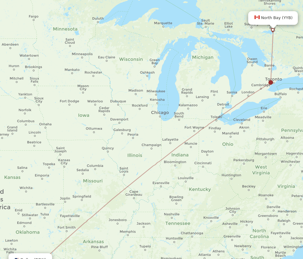 North Bay - Dallas route map and flight paths