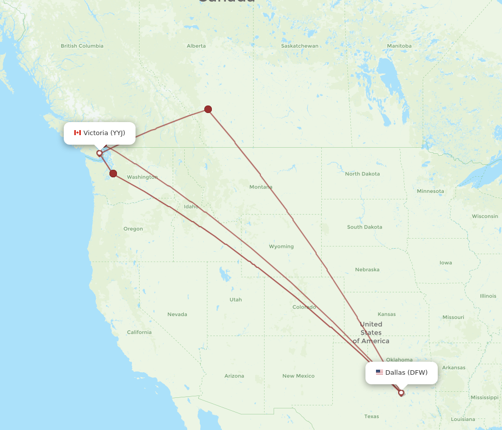 DFW to YYJ flights and routes map