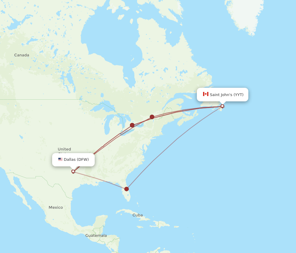 YYT to DFW flights and routes map