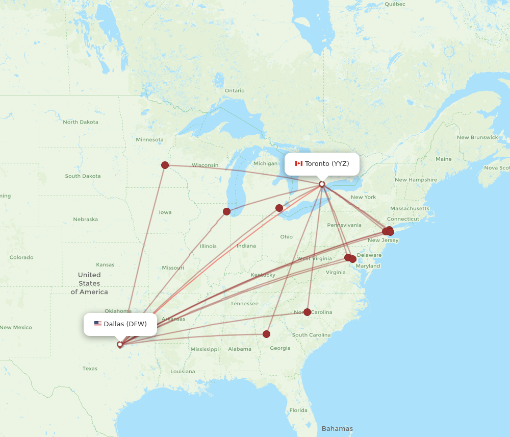 DFW to YYZ flights and routes map