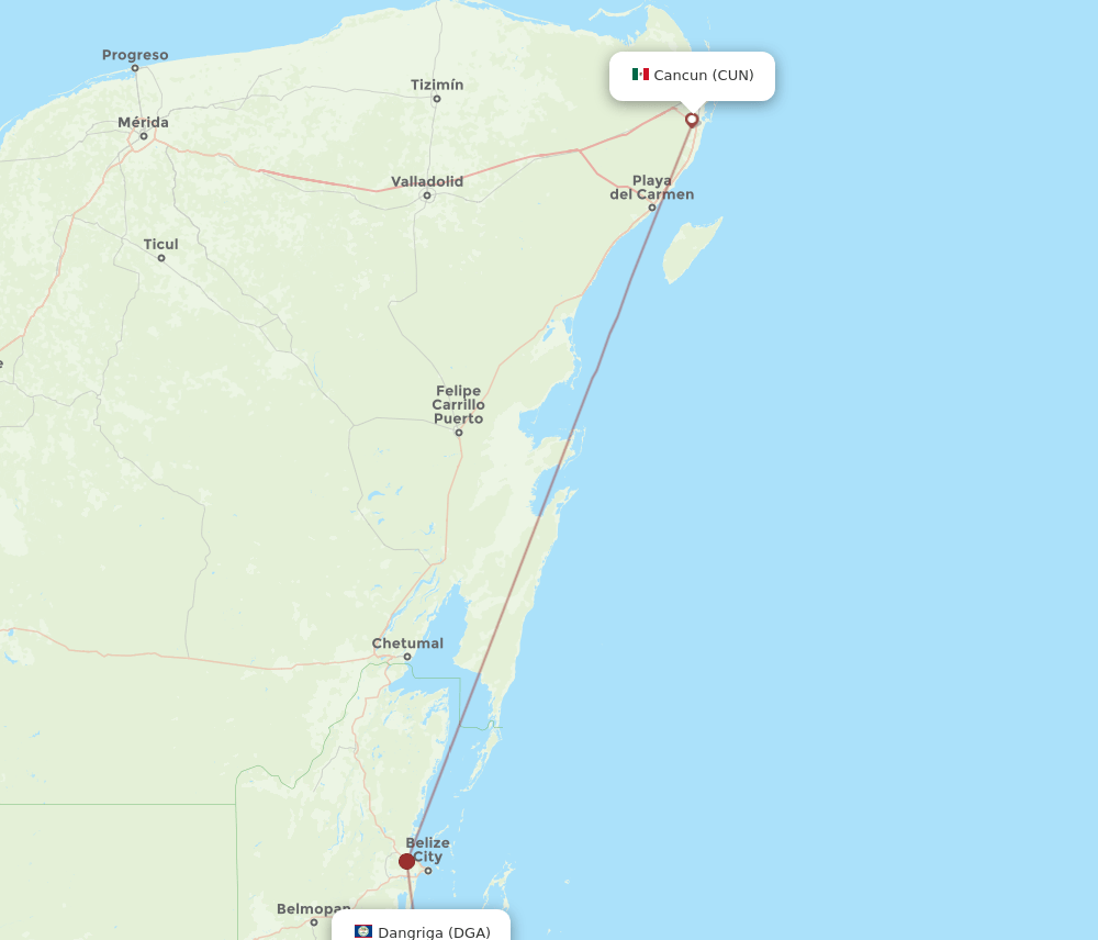 DGA to CUN flights and routes map