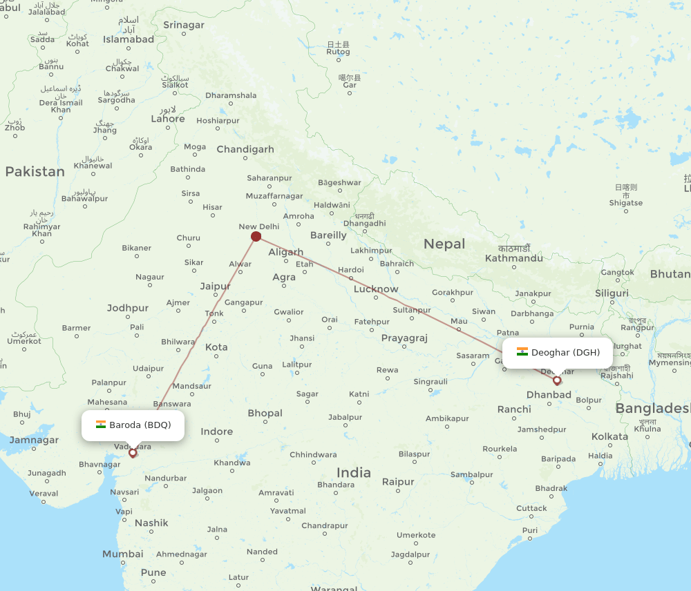 BDQ to DGH flights and routes map