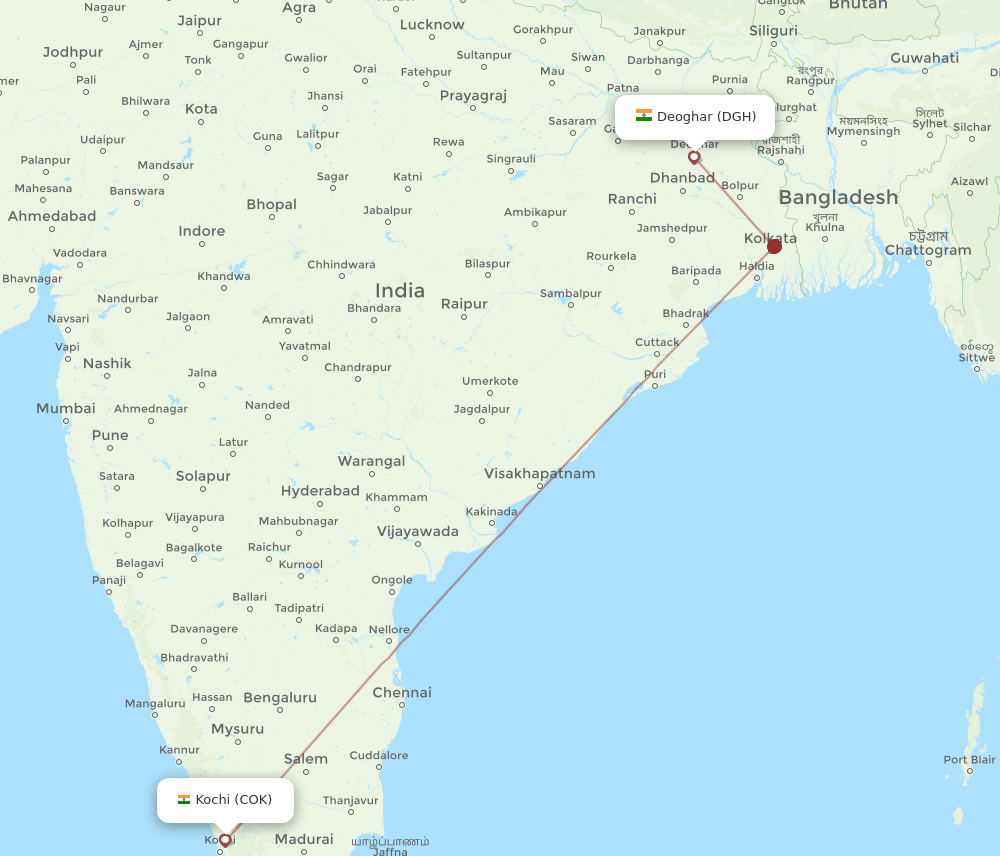 Kochi - Deoghar route map and flight paths