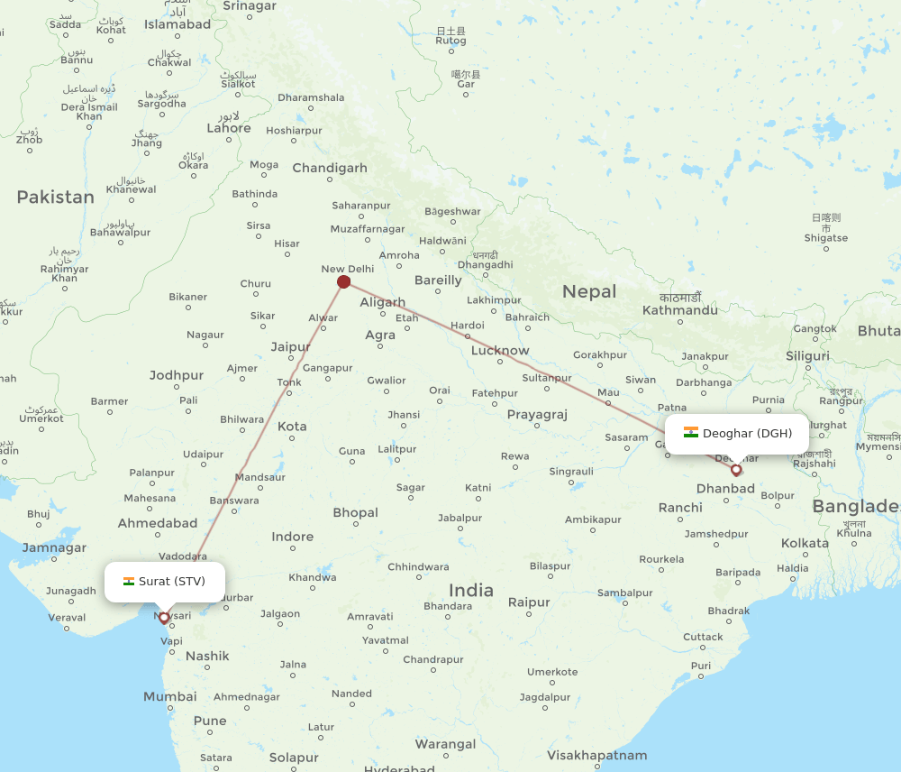 Surat Gujarat - Deoghar route map and flight paths