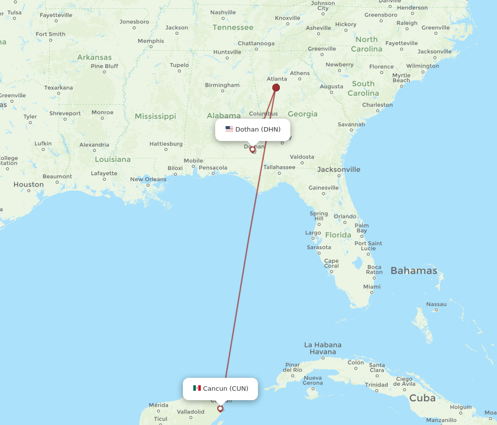 DHN to CUN flights and routes map