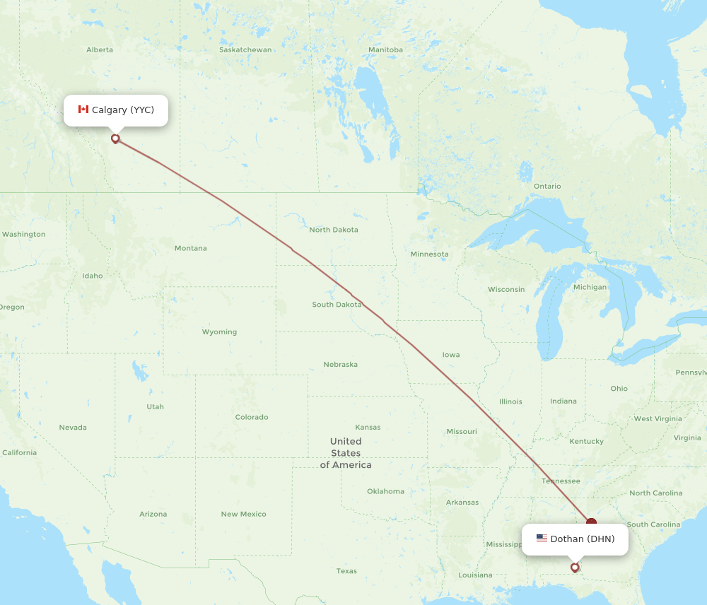Calgary - Dothan route map and flight paths