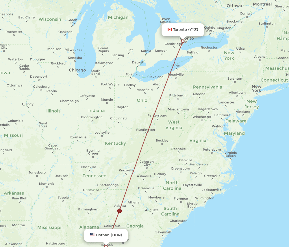 Toronto - Dothan route map and flight paths
