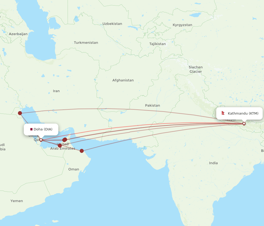 DIA-KTM flight routes