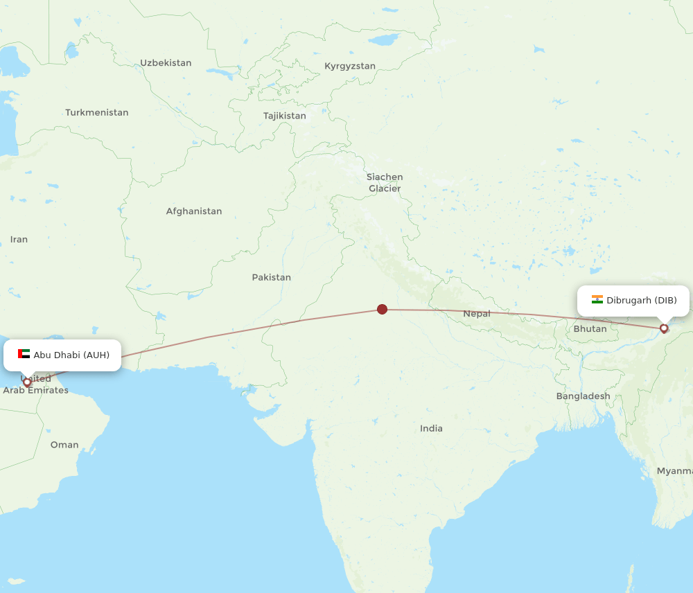 Abu Dhabi - Dibrugarh route map and flight paths