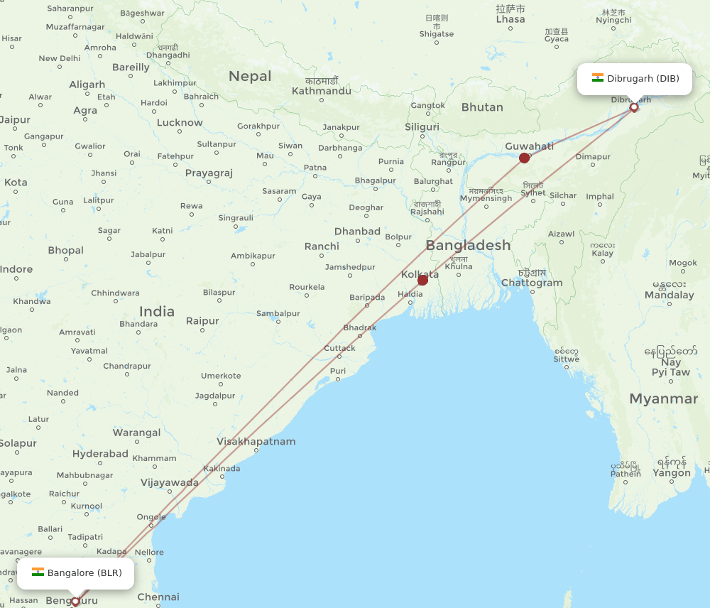 DIB to BLR flights and routes map