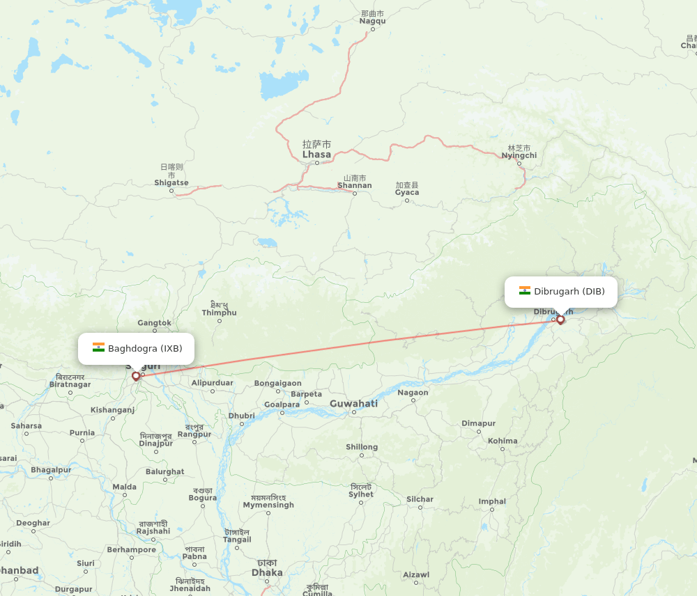 Dibrugarh - Bagdogra route map and flight paths