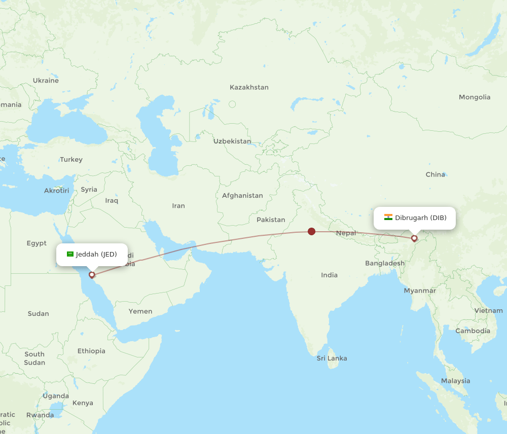 Jeddah - Dibrugarh route map and flight paths