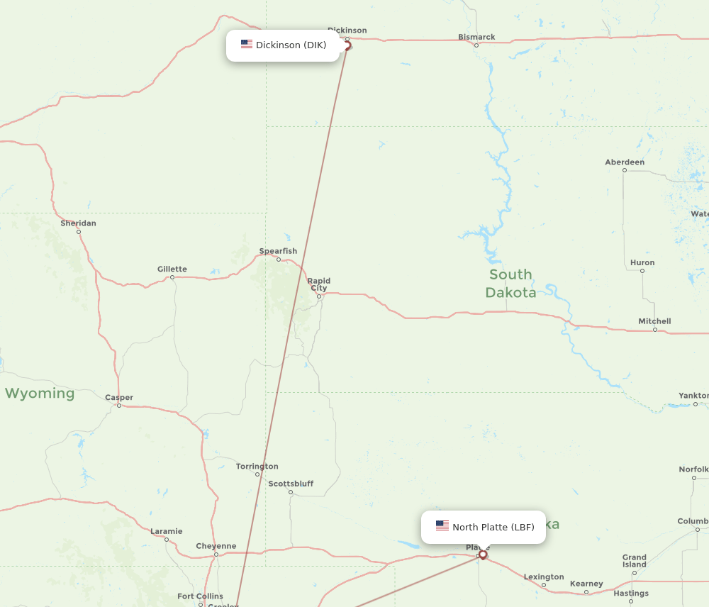 Dickinson - North Platte route map and flight paths