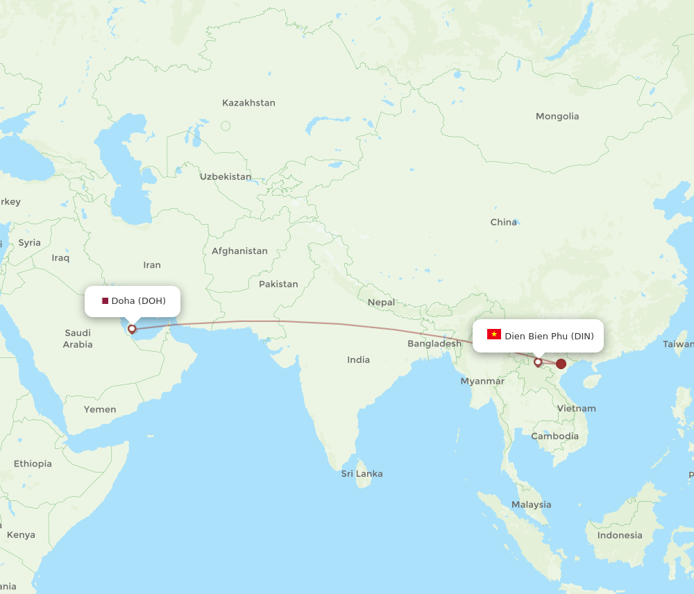 Doha - Dien Bien Phu route map and flight paths