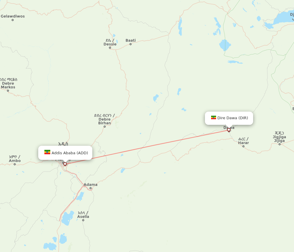 Dire Dawa - Addis Ababa route map and flight paths