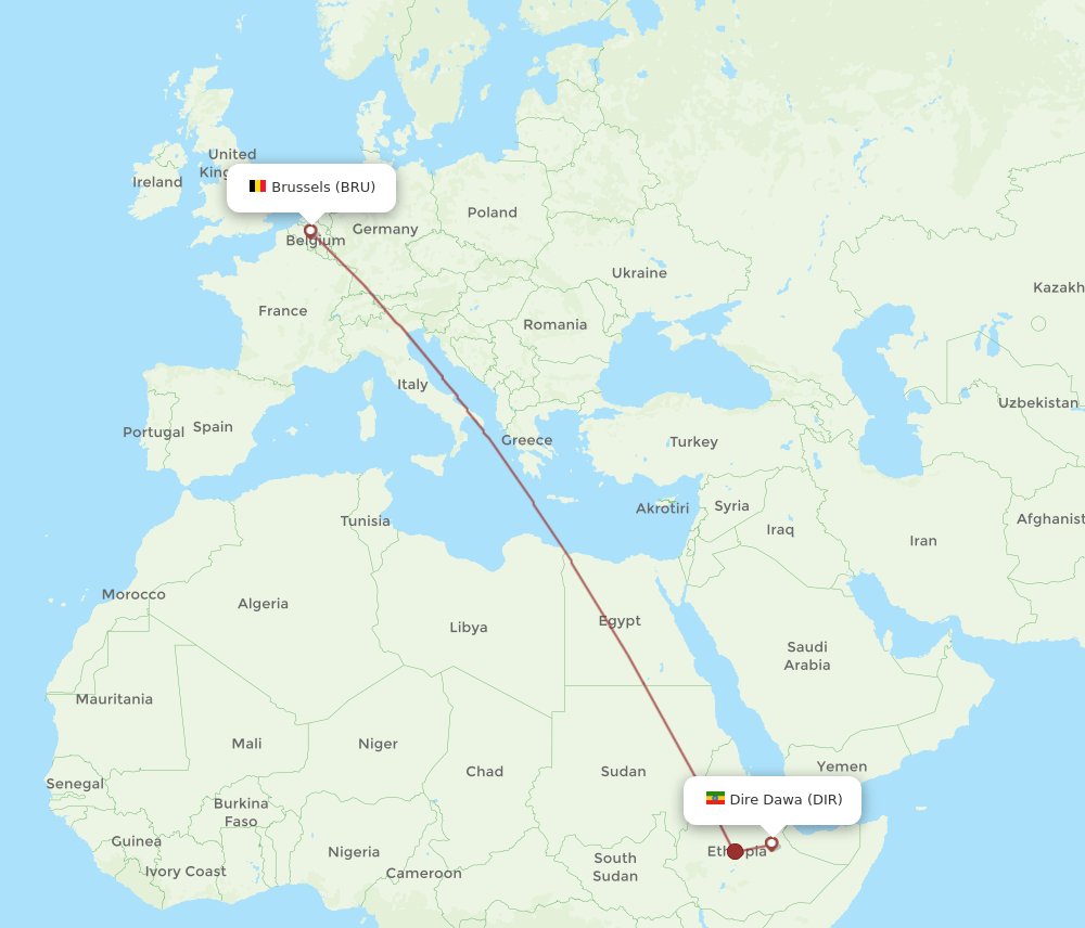 DIR to BRU flights and routes map