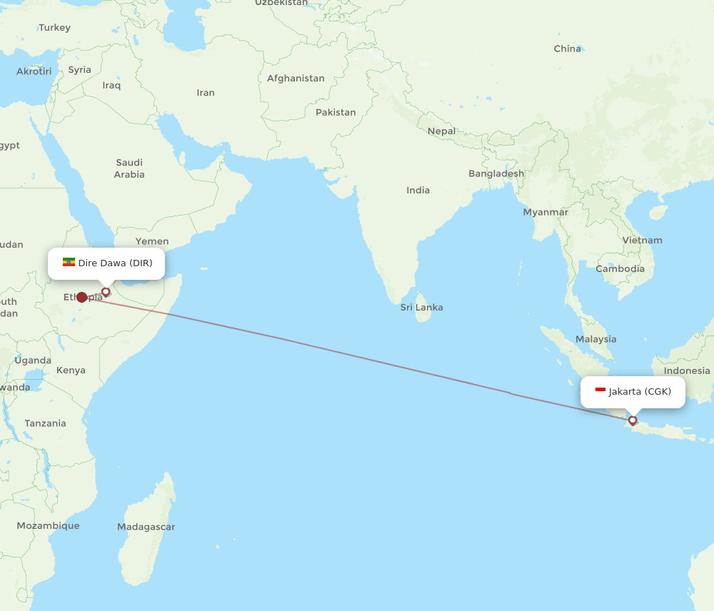 Jakarta - Dire Dawa route map and flight paths