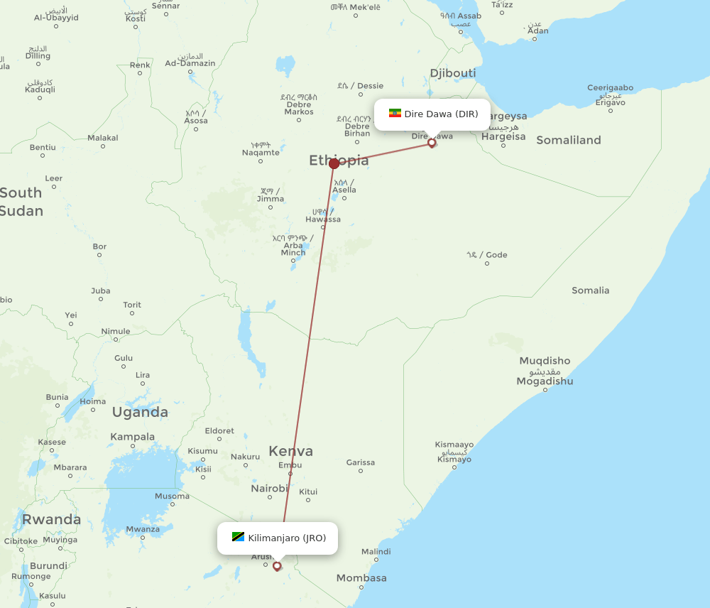 Kilimanjaro - Dire Dawa route map and flight paths
