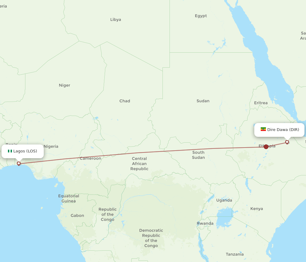 Lagos - Dire Dawa route map and flight paths