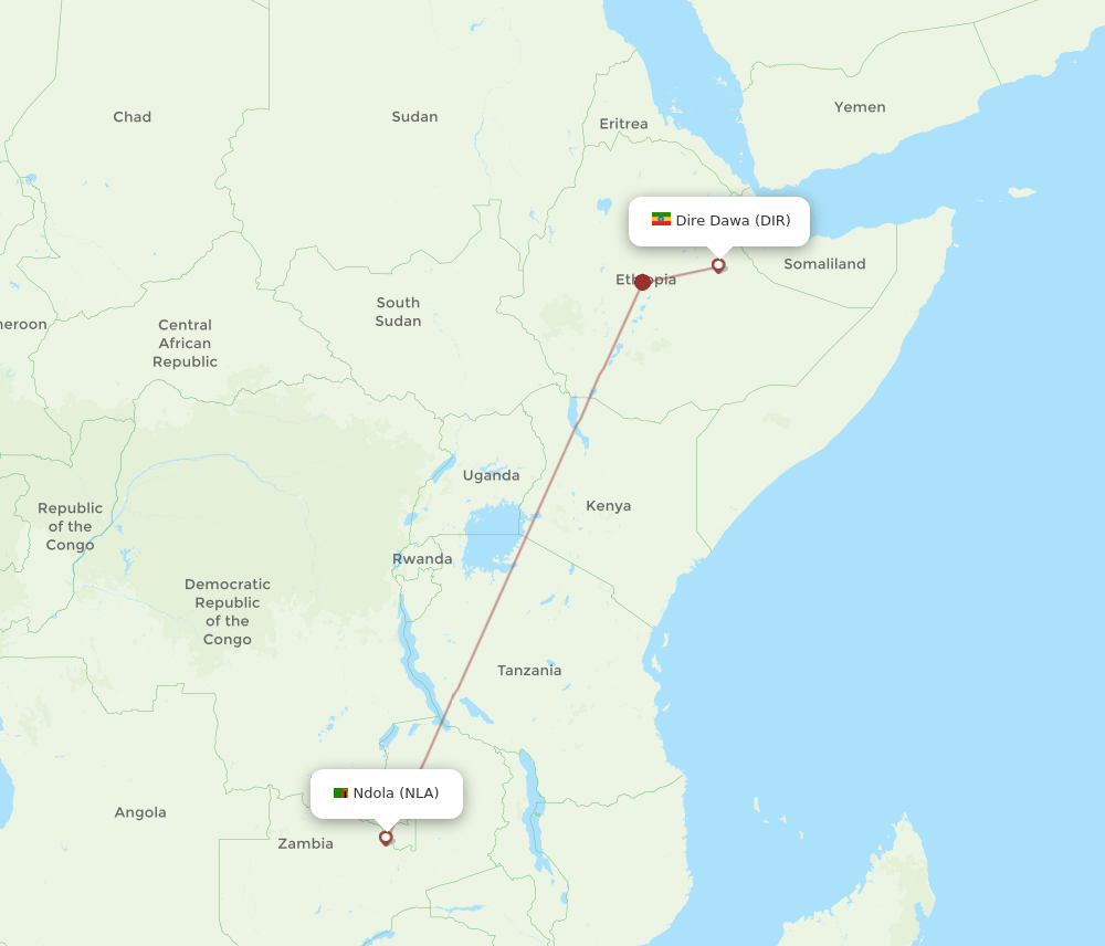 Dire Dawa - Ndola route map and flight paths
