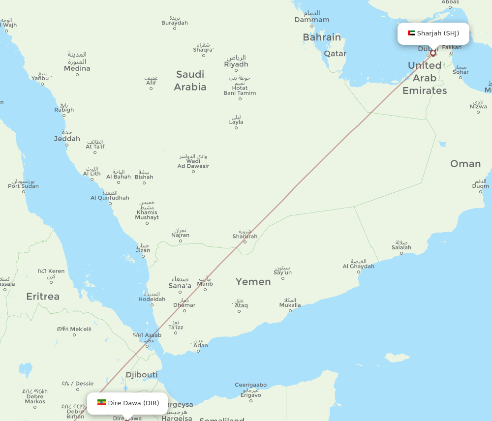 Sharjah - Dire Dawa route map and flight paths