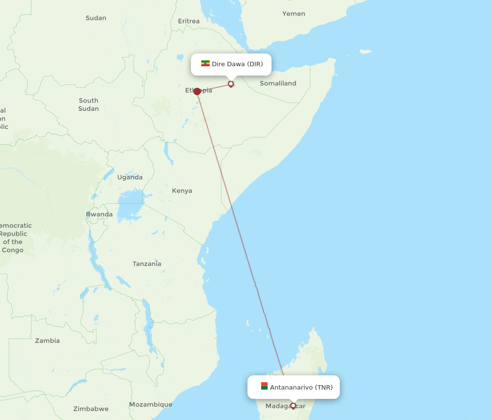 Antananarivo - Dire Dawa route map and flight paths
