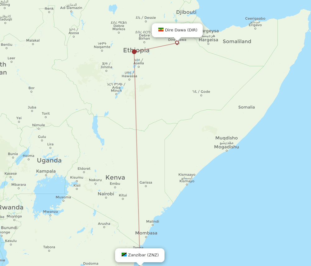 Zanzibar - Dire Dawa route map and flight paths