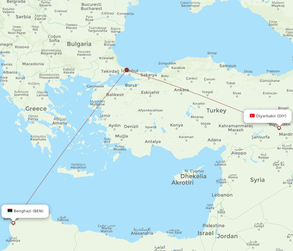 Benghazi - Diyarbakir route map and flight paths