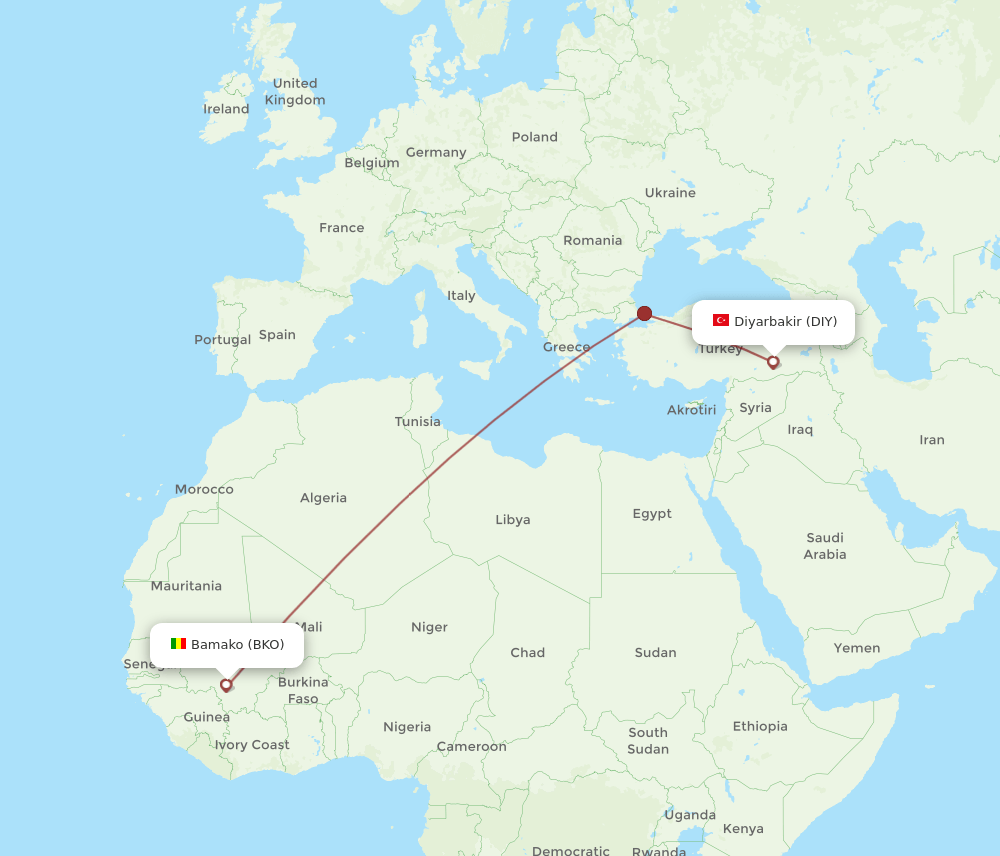 DIY to BKO flights and routes map