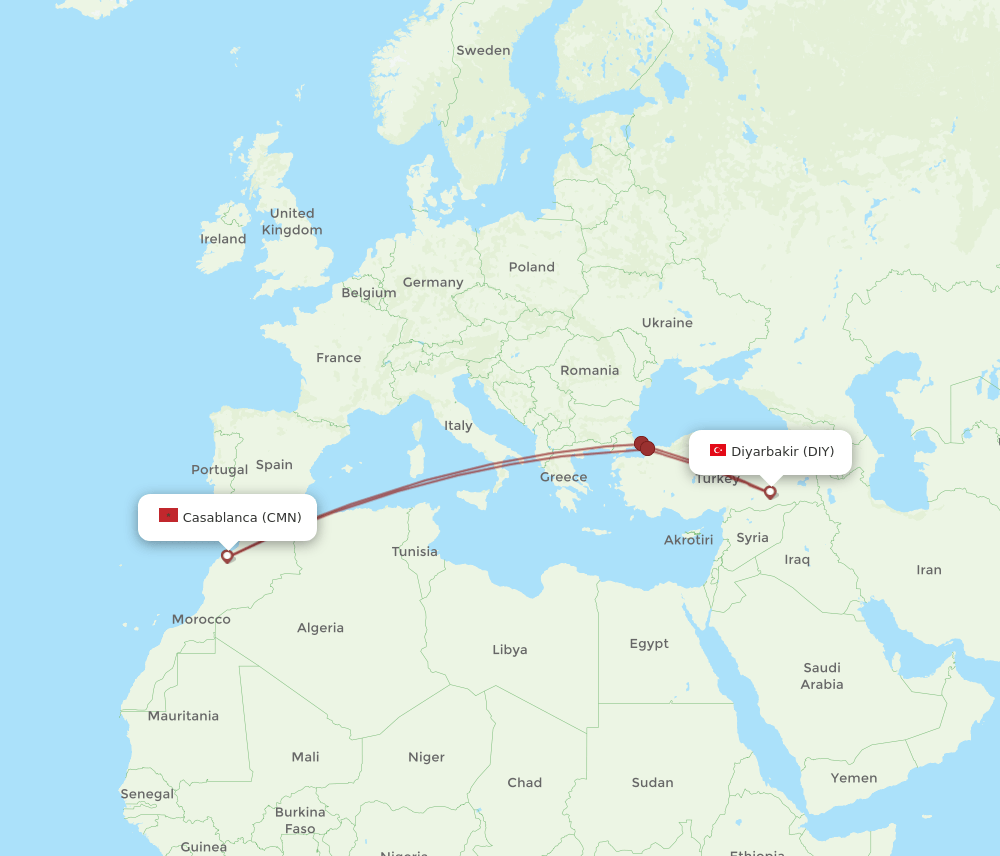 DIY to CMN flights and routes map